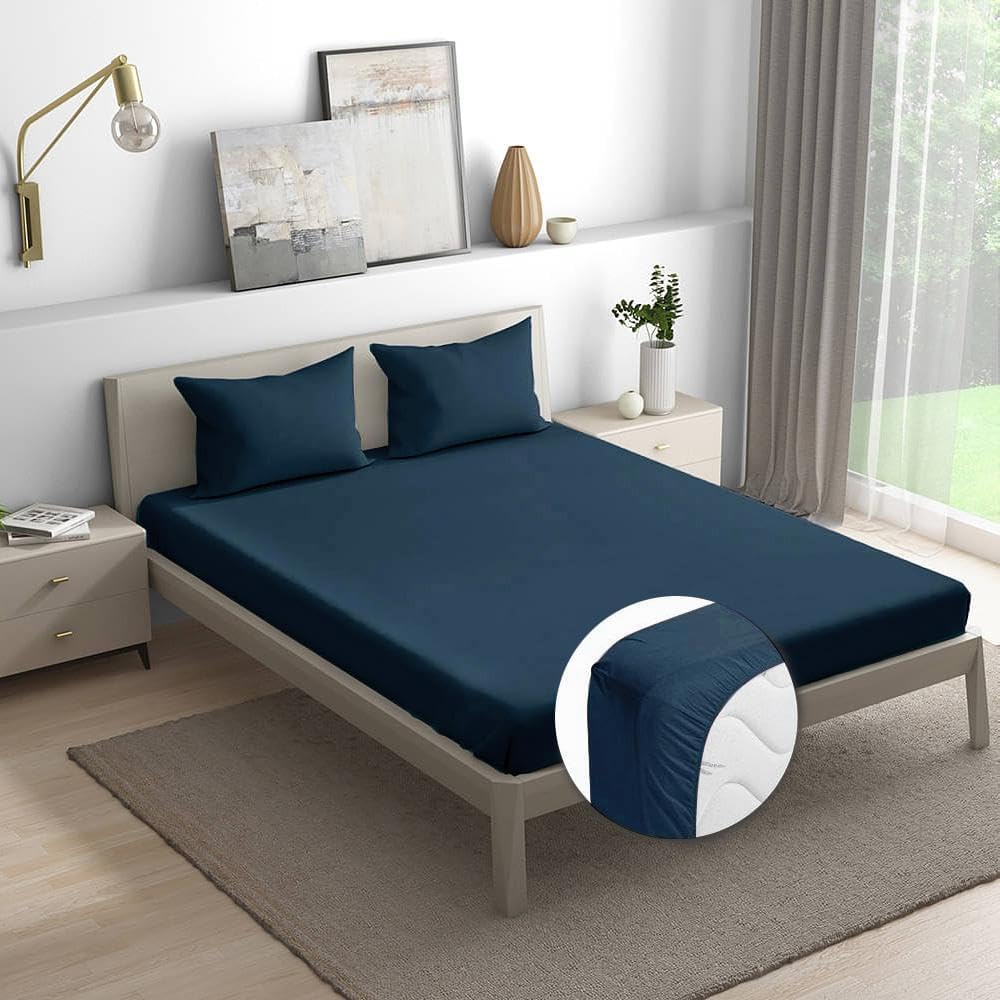 Bedsheet for King Size, Bedsheet King Size Bed Cotton, Elastic Fitted Bedsheets King Size, King Size Bedsheet, 144 TC 100% Cotton with 2 Pillow Covers (Elastic Fitted Sheet 78x70: Navy)