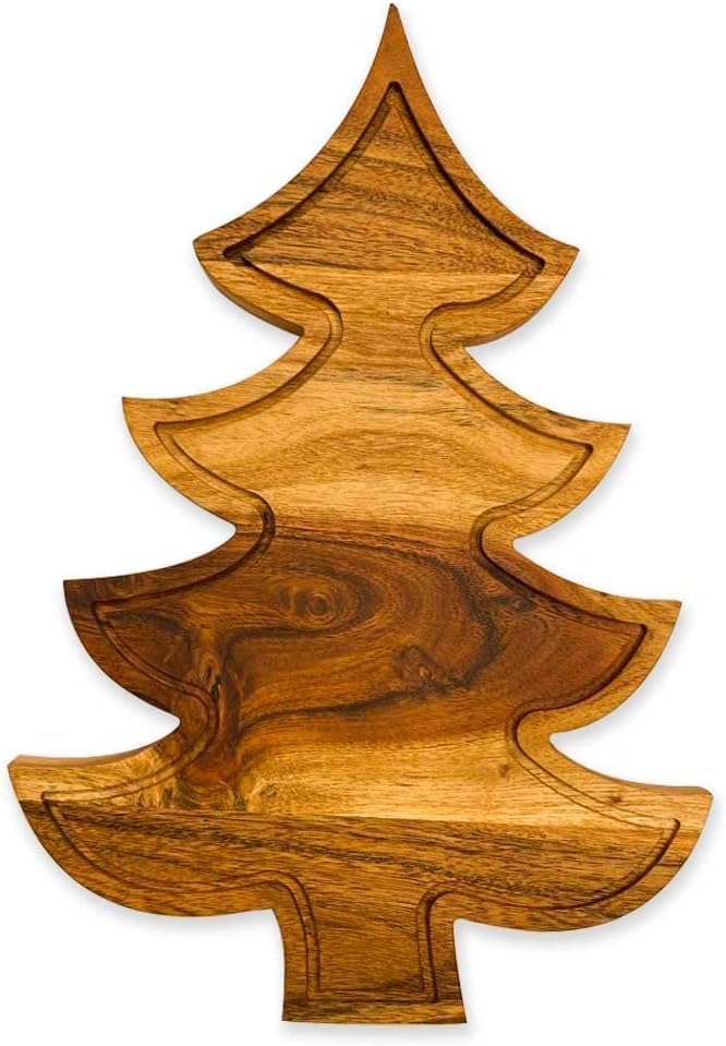 Christmas Tree Cutting Chopping Board for Kitchen with Grooves, Charcuterie Wooden Serving Tray for Cheese Serving Platter Christmas Gift 33L x 22.9W cm Natural Wood Brown