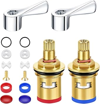 Mixer Tap Cartridge Replacements 2 Sets, 1/4 Turn Tap Valve with Seals & Handles, for Short-Lever Kitchen Bathroom Taps, Effortless Water Control Long-Lasting Performance