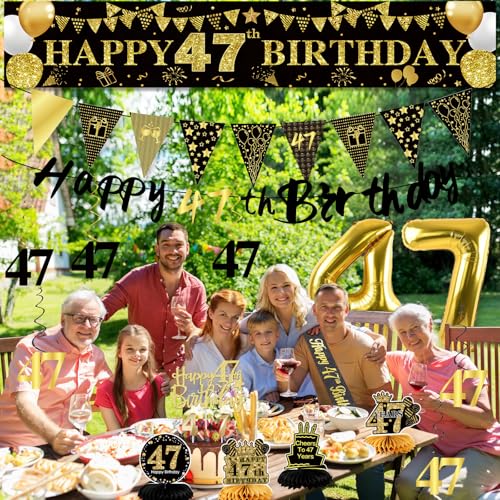 Image of 47th Birthday Decorations for Men, Black Gold 47th Party Decoration Kits | 27pcs Happy 47th Birthday Set, Banner, Honeycomb, Balloons, Gold Number, Candle, Hanging Swirls, Cake Topper, Party Supplies