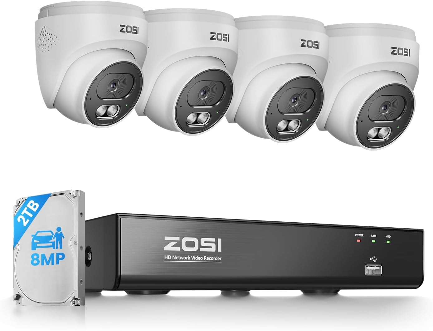 ZOSI C220 4K 8MP 8CH POE NVR Security Camera System (16CH Expandable), 4 x 8MP PoE IP Dome Cameras Outdoor Indoor, AI Human/Vehicle/Face Detection, Two-Way Talk, 100ft IR Night Vision, 2TB HDD