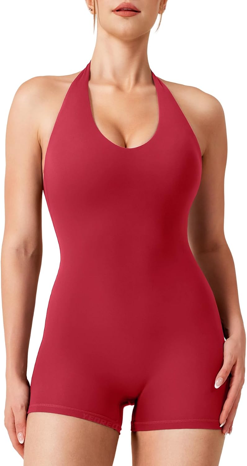YEOREO LuxFlow Halter Workout Jumpsuits for Women Openback One Piece Padded No Front Seem Bodysuits V-Back Yoga Shorts Romper