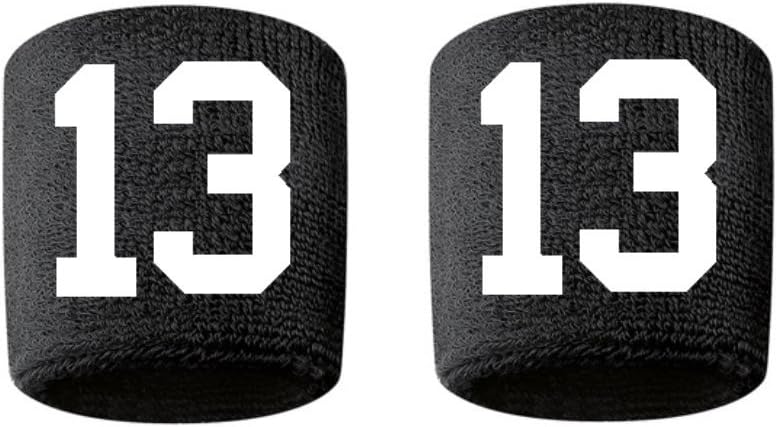 #13 Embroidered/Stitched Sweatband Wristband BLACK Sweat Band w/ WHITE Number (2 Pack)