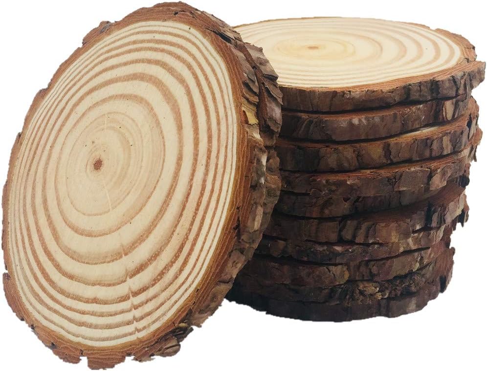 Y YIHANGBEST 10pcs Wood Slices 4-4.7 inch Unfinished Natural with Tree Bark Diameter Large Circle Rustic Wedding Centerpiece Disc Coasters Christmas Ornaments DIY Woodland Projects Table Chargers