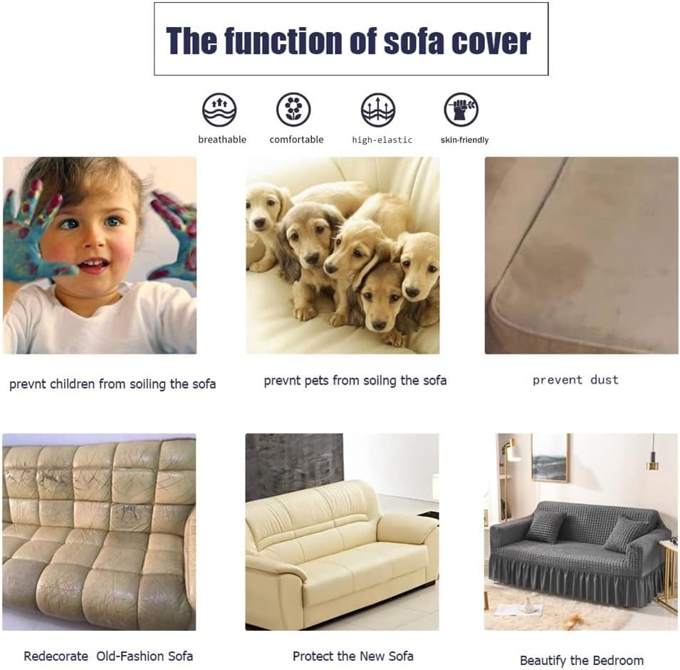 Seersucker Sofa Cover for 1/2/3/4 Seater, 3D Bubble Lattice Couch Slipcover with Skirt, Universal Washable Stretch Armrest Sofa Cover Furniture Protector (Color : Camel, Size : 1 Seater)