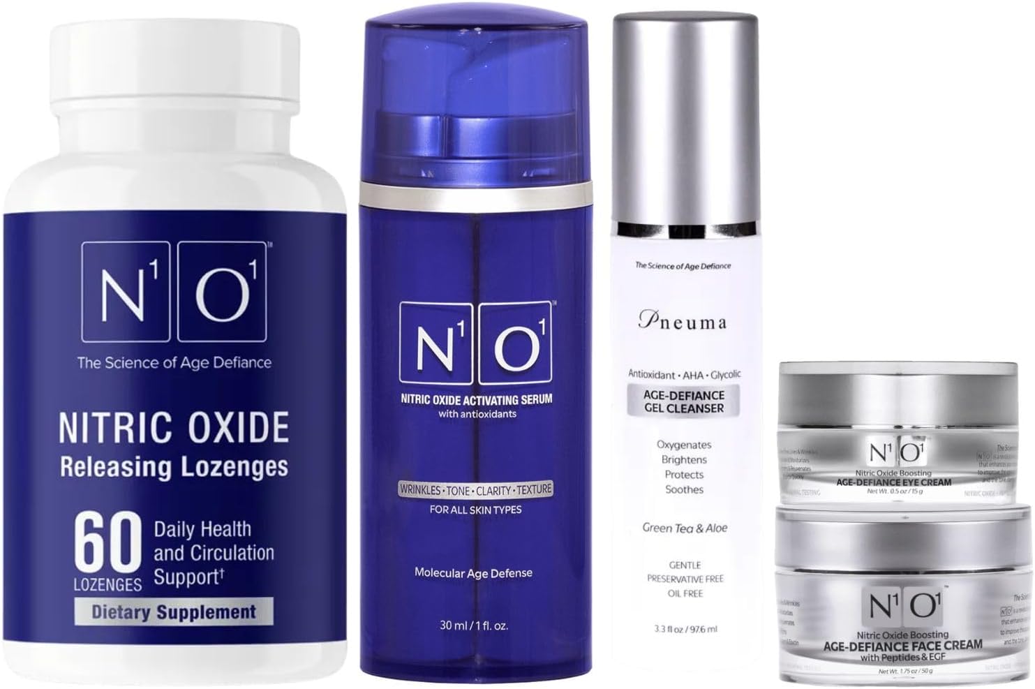 N1O1 Nitric Oxide Lozenges and Skin Care Products - Supplement, Gel Cleanser, Vitamin C Serum, Eye Cream and Face Cream