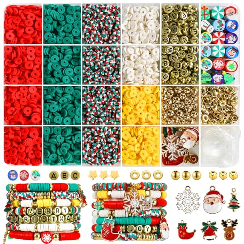 Redtwo Christmas Beads for Bracelets, 3000 Pcs Clay Beads Bracelat Making kit Golden Beads Christmas Crafts Decorations Charms for Jewelry Making, Gifts for Teen Girls Age 6-12