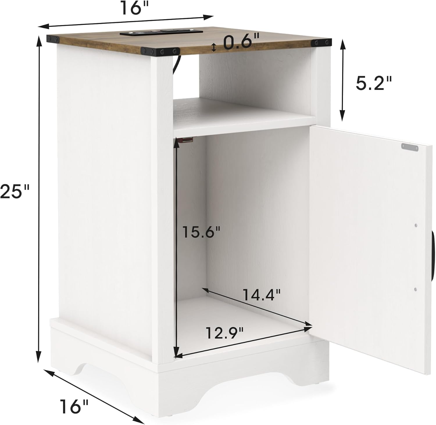 Farmhouse End Table with Charging Station Set of 2, Rustic Night Stand with Storage Cabinet and Shelf, Tall Wooden Bedside Table for Bedroom, Living Room, Rustic Oak and White