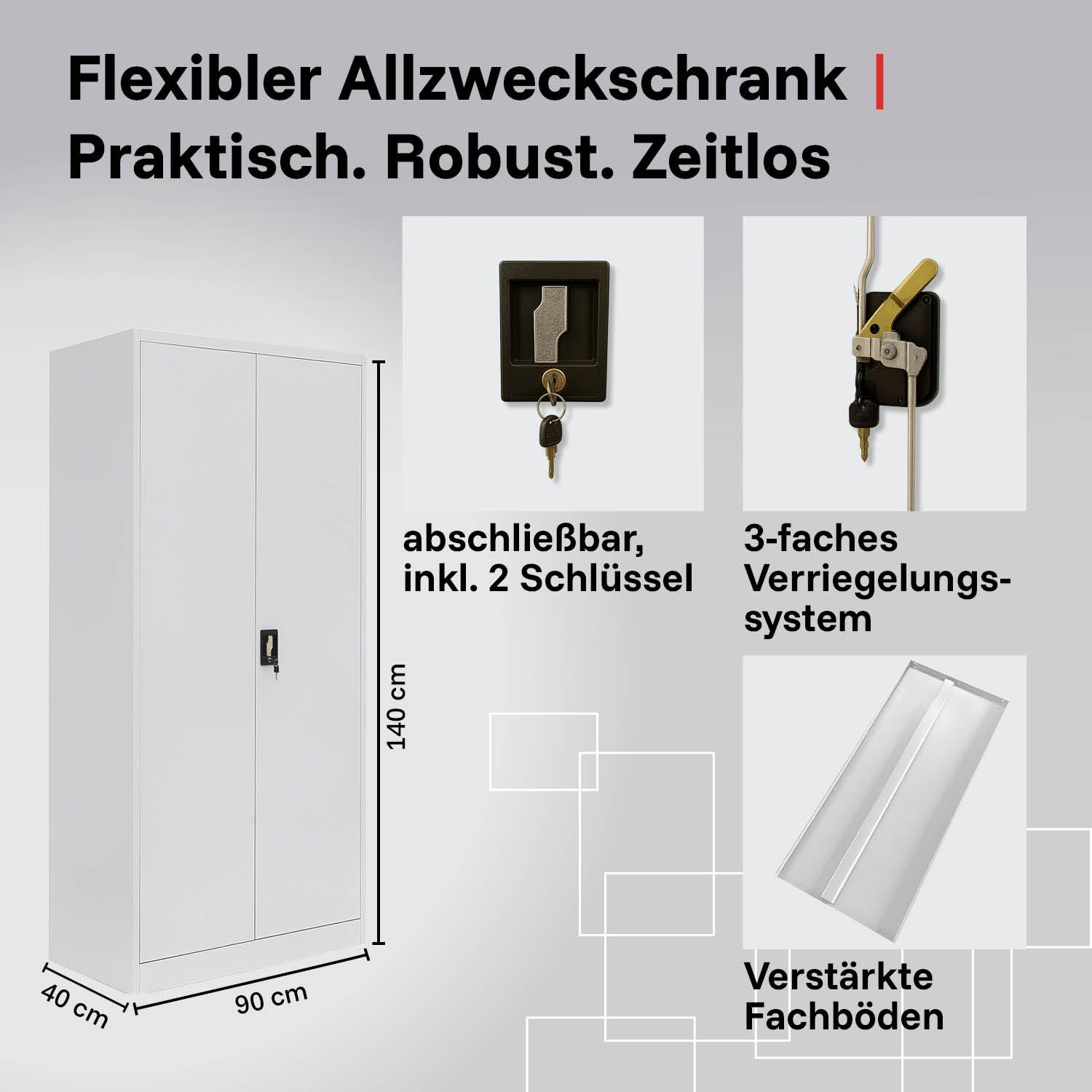 LagerZwei Mehrzweckschrank 140x90x40cm I Büroschrank mit 4 Fachböden I Aktenschrank weiß, abschließbar I Allzweckschrank – Möbel für Arbeitszimmer I Praktischer Metallschrank I Werkstattschrank