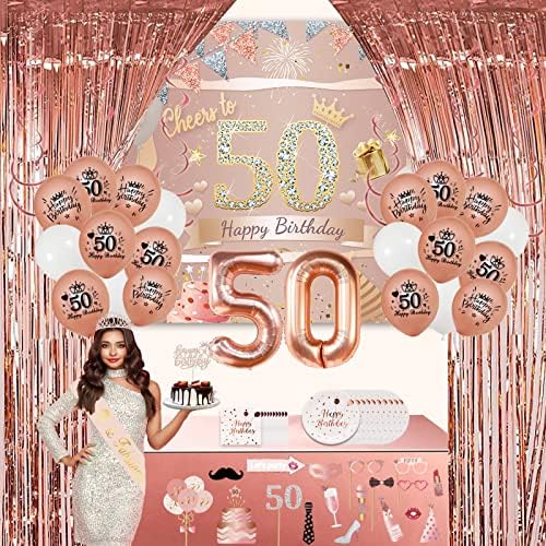 50th Birthday Decorations for Women,90 PCS Rose Gold 50th and Fabulous Birthday Decorations,Including Happy 50th Birthday Banner Backdrop,Crown,Hanging Swirl, birthday Balloons, Foil Backdrops,Cake Toppers, Plates, Photo Props, Birthday Sash,50th Birthday Gifts for Women Decorations