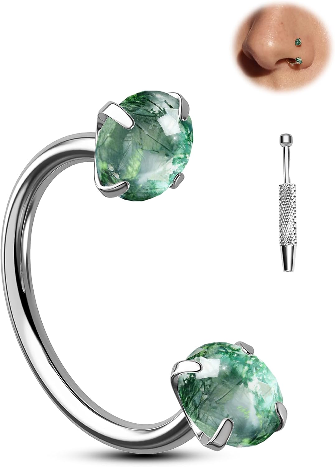 Jewseen Titanium Horseshoe Nose Ring 20G Double Gem Nose Ring for Women Moss Agate Internally Threaded Lip Septum Piercing Jewelry Horseshoe Helix/Daith/Tragus Earring for Women