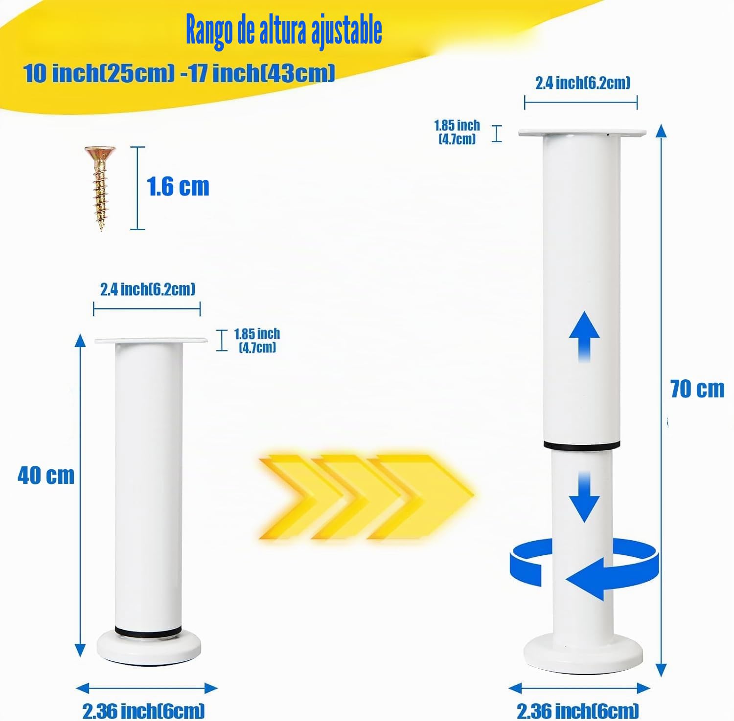 2PCS Patas Pies Ajustables Pata de MeAjustable,Regulables con 16 Kit Destornillador y Tornillos,para Armarios Mesillas de Noche Camas Escritorios Cómoda Estantería (Blanco, 40-70 cm)