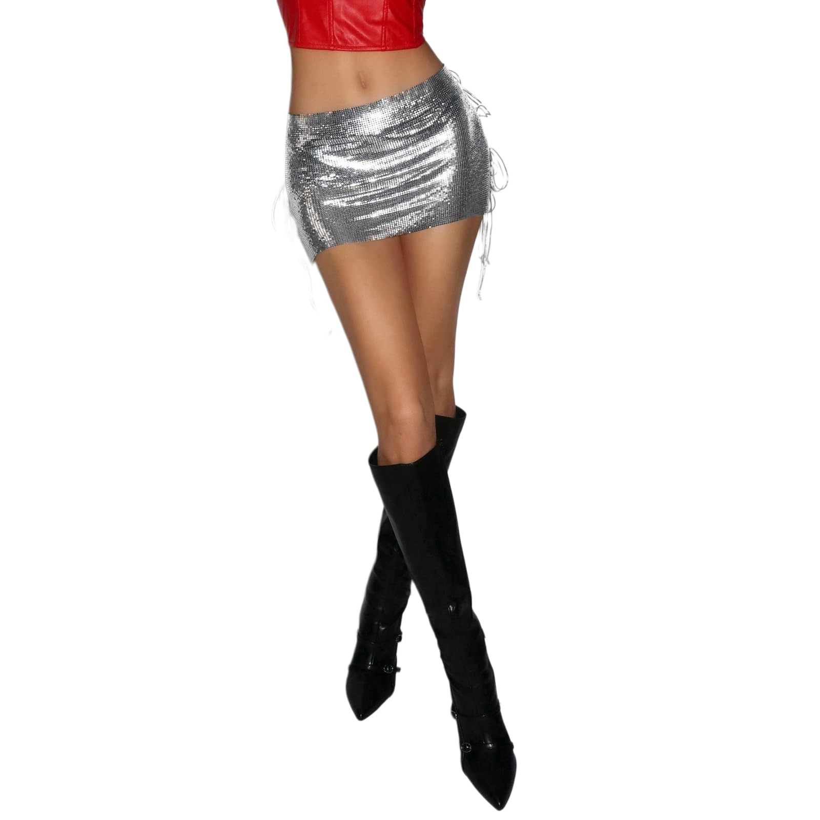 Minigonna Donna Paillette Lato Lace Up Mini Gonna Sexy Metallico Party Clubwear, Bodycon con Regolabile Up-Silver-m