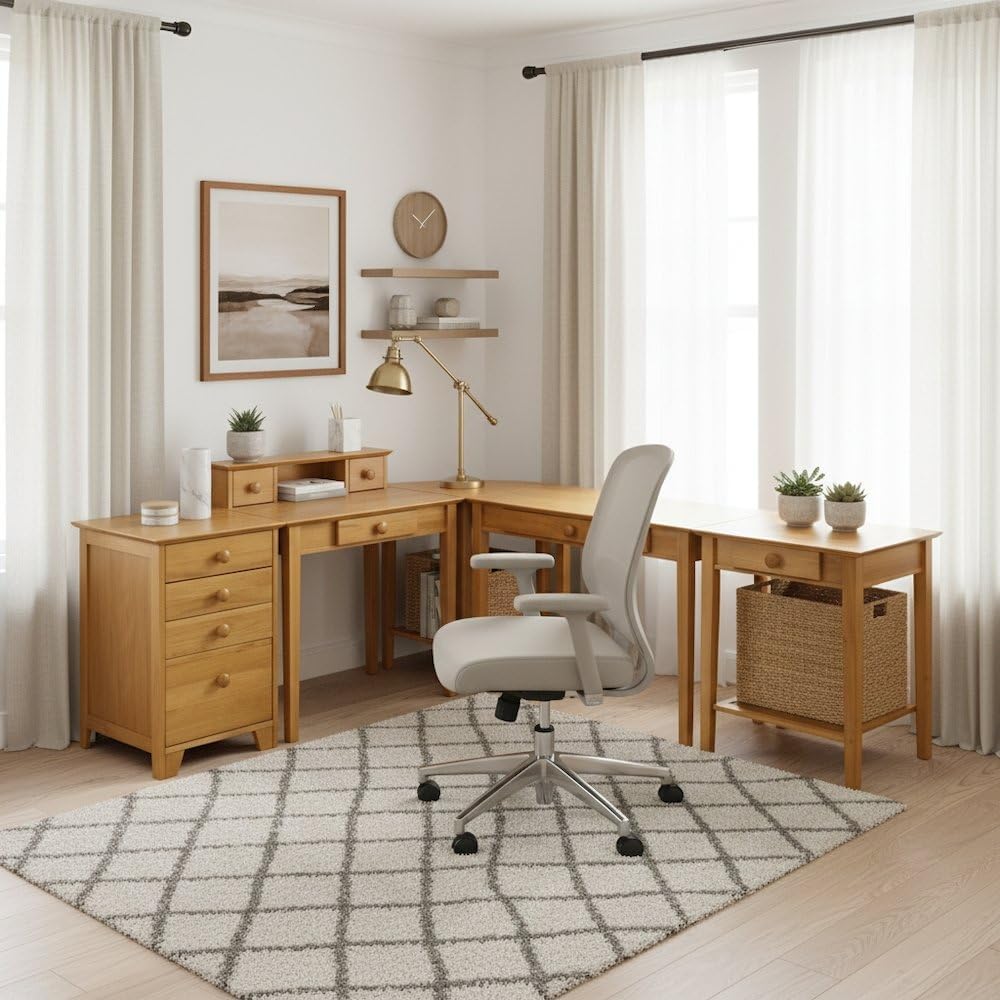 Furnifact 5-Piece Home Office Workstation Set, Writing Computer Desk, Corner End Table, Hutch, File Cabinet, Gold