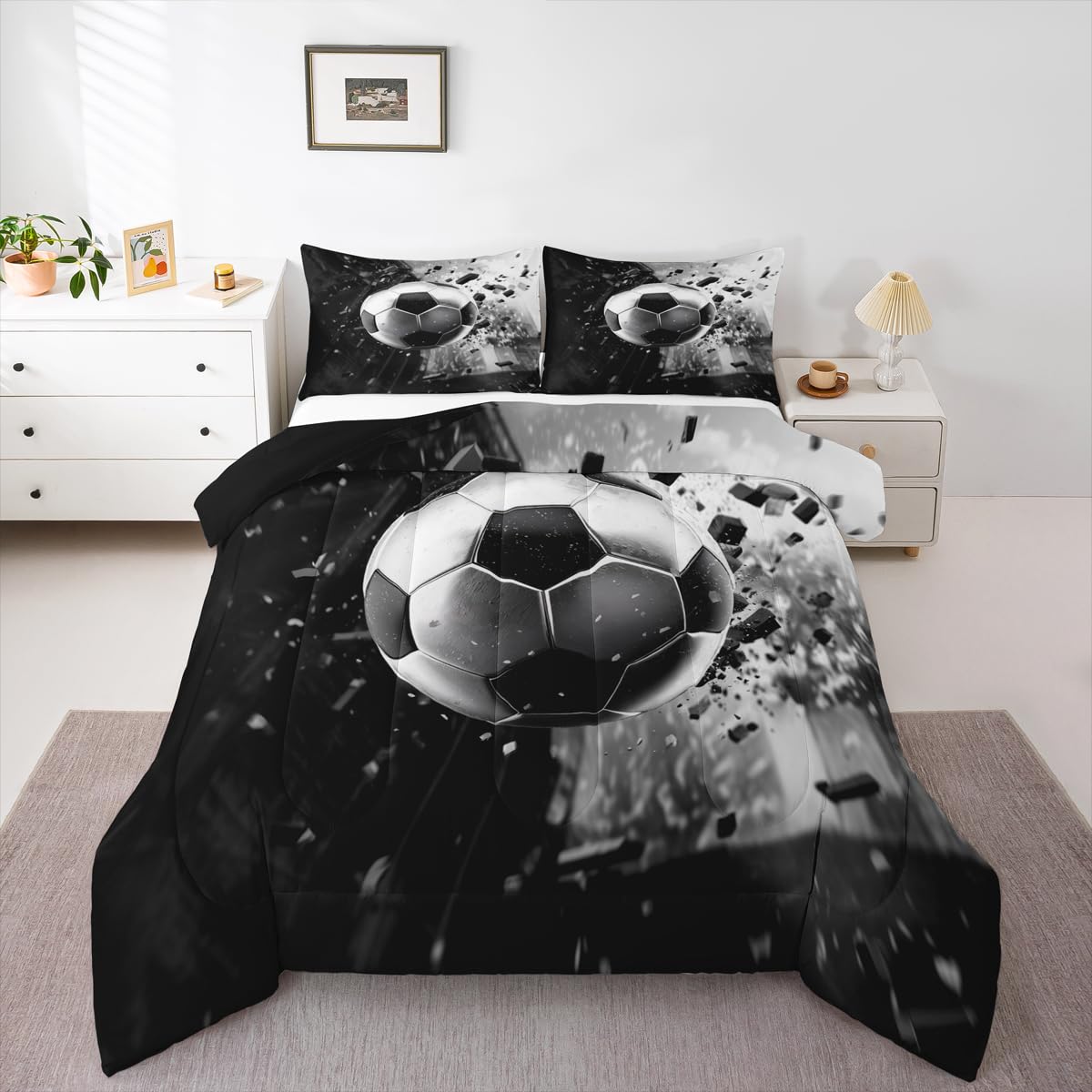 Feelyou 3D Soccer Comforter Set King Size Football Sport Theme Bedding Set for Kids Boys Girls Black Silver Duvet Quilt Bedroom Decor Microfiber 3 Pcs with 2 Pillow Cases