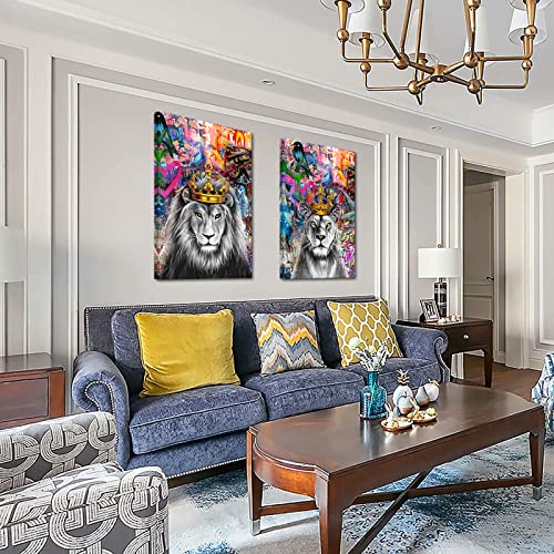 Saypeacher 2 Pieces 24"X36" Large Size Lion King And Queen With Crown Framed Canvas Wall Art Colorful Animals Pictures Of Couple Artwork For Bedroom Office Home Decor Ready To Hang #TOP1