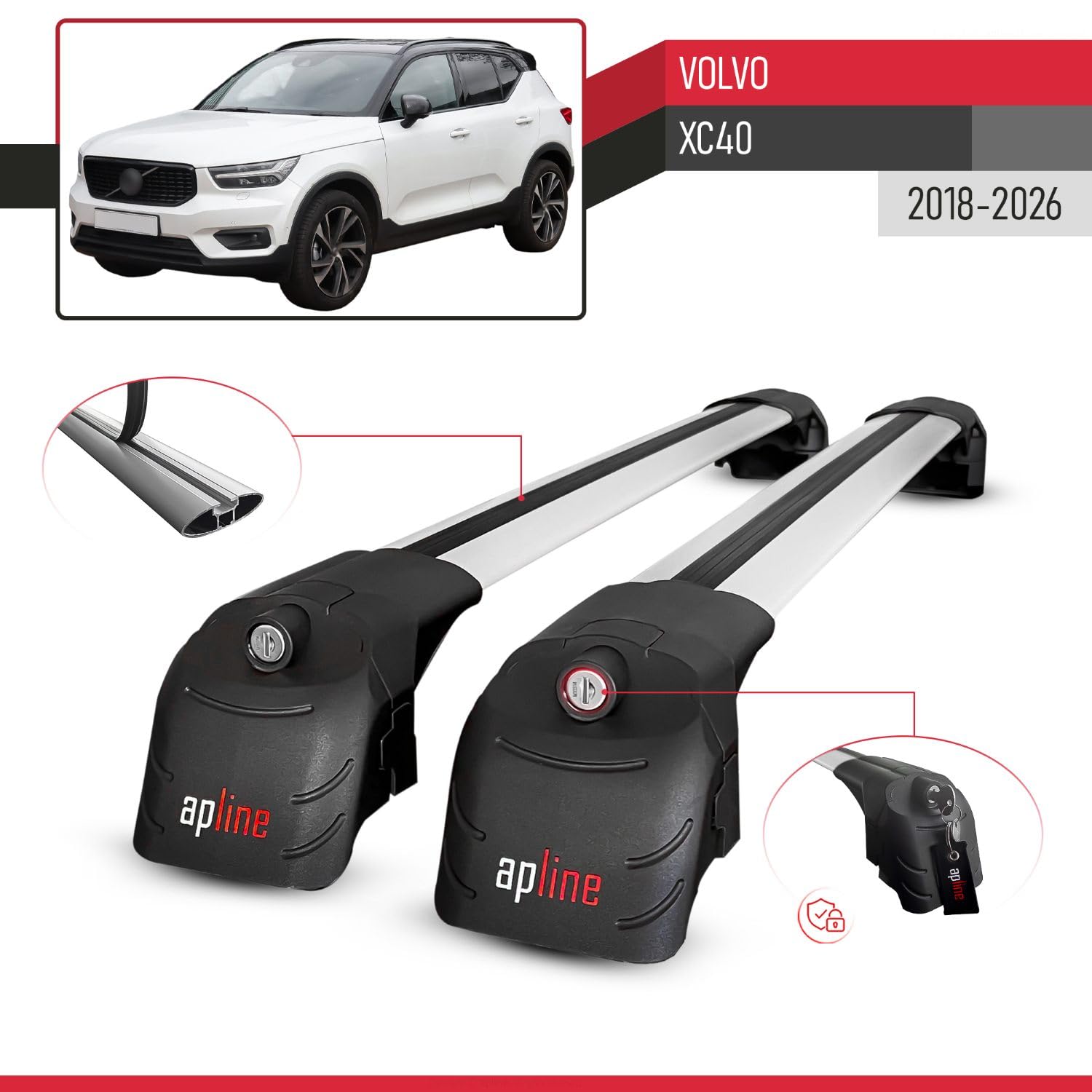 Compatibile con Volvo XC40 2018-2026 Modello ACE-2 Barre Tetto Portapacchi Auto Barre Portatutto Grigio Alluminio 2 Barre