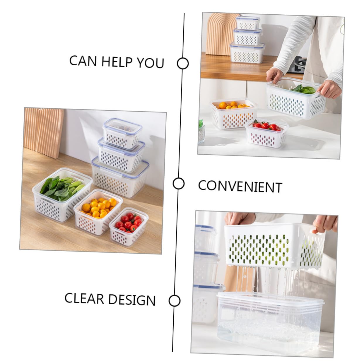 Alipis Set 3 Pezzi Contenitori per Frutta e Verdura con Coperchio, Design Trasparente in Pp, Capacità 850ml 1750ml 3300ml con Scolapiatti Rimovibile per Frigorifero