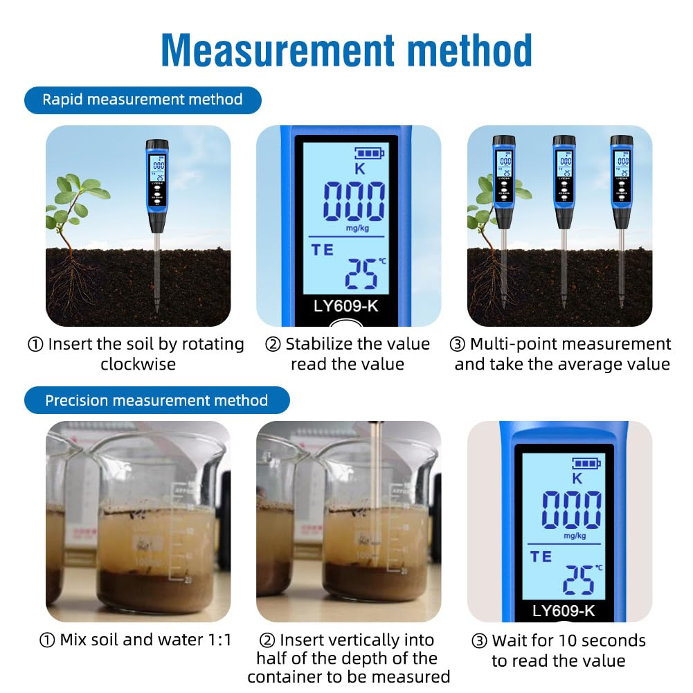 Analizzatore di Terreno Multifunzionale, Tester di potassio/Temperatura/umidità con retroilluminazione LCD, 0-1999 MG/kg di Gamma per Serra Fattoria Giardino