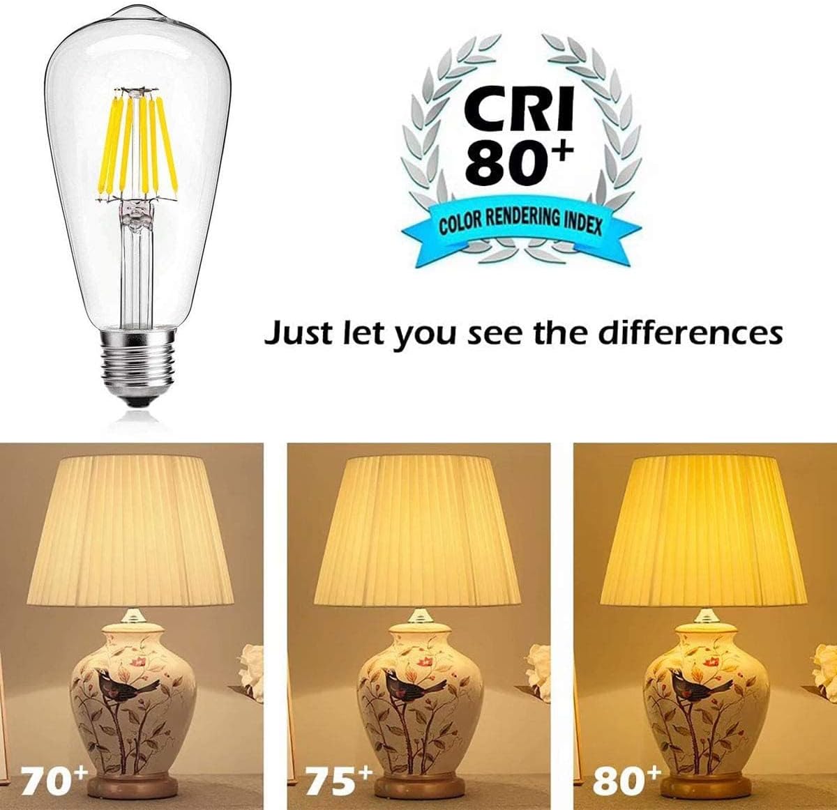 LED Edison Bulb 60W Equivalent - 600 Lumen Warm White 2700K E26 Standard Base, 6W ST64 Vintage Light Bulbs for Pendant Lights Sconces, Pack of 6