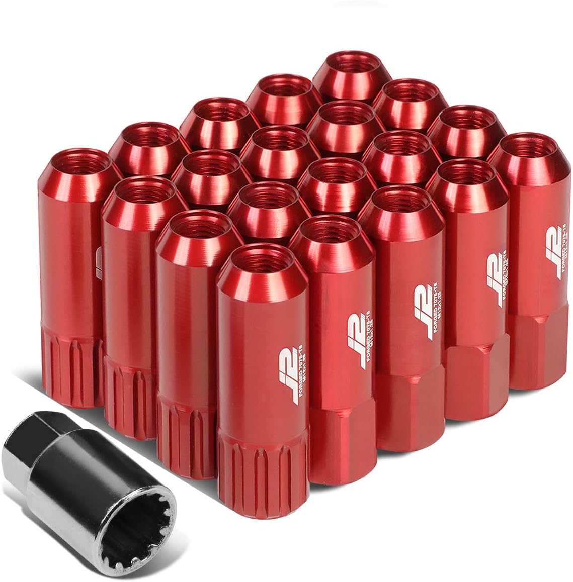 J2 Engineering 16Pcs 7075 Aluminum Open End M12 x 1.25 Lug Nuts w/4Pcs Lock Nuts & Key, Red, Fit Conical Seat, LN-T7-010-125-RD