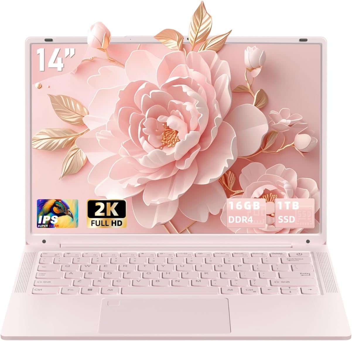 14''Pink Laptop 16GB DDR4 RAM 1TB SSD,2K UHD (2160 * 1440) IPS Display Laptop, N150 CPU (Up to 3.6 Ghz) Win 11 Portable PC/WiFi 5,Type-C,3MP Camera,6000Mah,BT5.0,Fingerprint (16G+1TB)