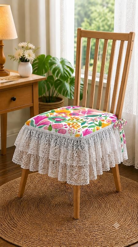 WWW.THROWPILLOW.IN Designer Lace Layered Dining Chair Cover Floral Bloom Pattern for 18x18 Inch Seat, Minimalism Modern Frill Chair Cover for Dining Room Kitchen Seating-image-16