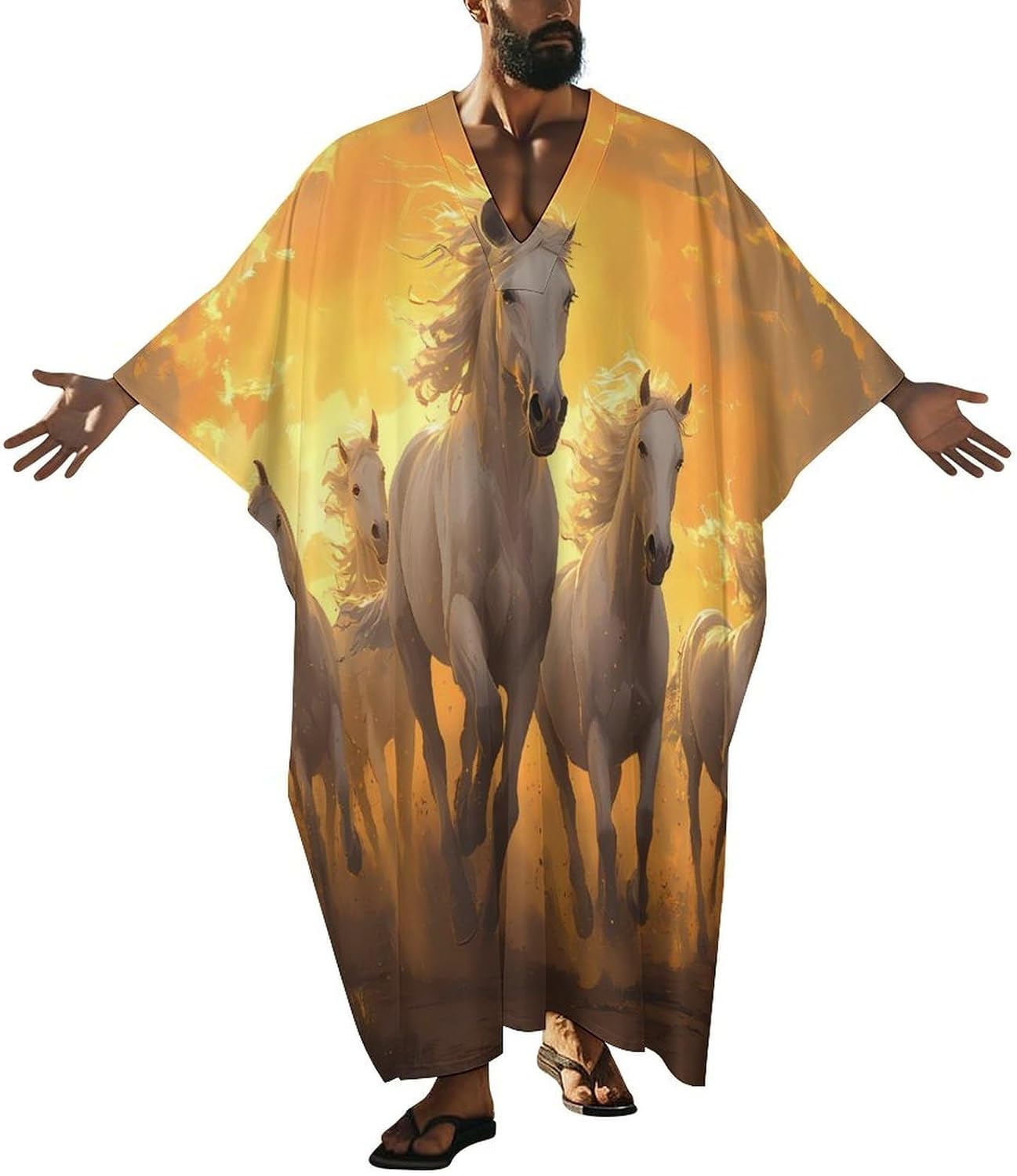Horses Running in The Sunset Men's Kaftan Thobe V-Neck Long Gown Loose Robe