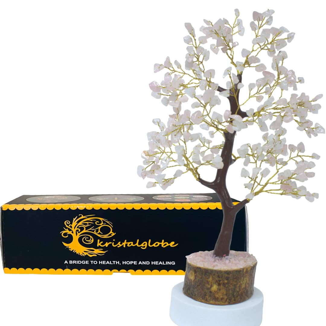 kristalglobe Rose Quartz Crystal Tree of Life Handmade Bonsai with 300 Natural Gemstones, Rose Quartz - Pink (Golden Wire), 20 x 8 cm