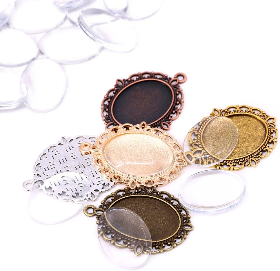 Swpeet 60 Pcs Pendant Trays Kit, Including 30 Pieces 5 Colors Pendant Trays Oval Bezels with 30 Pieces Glass Dome Tiles for Crafting DIY Jewelry Making
