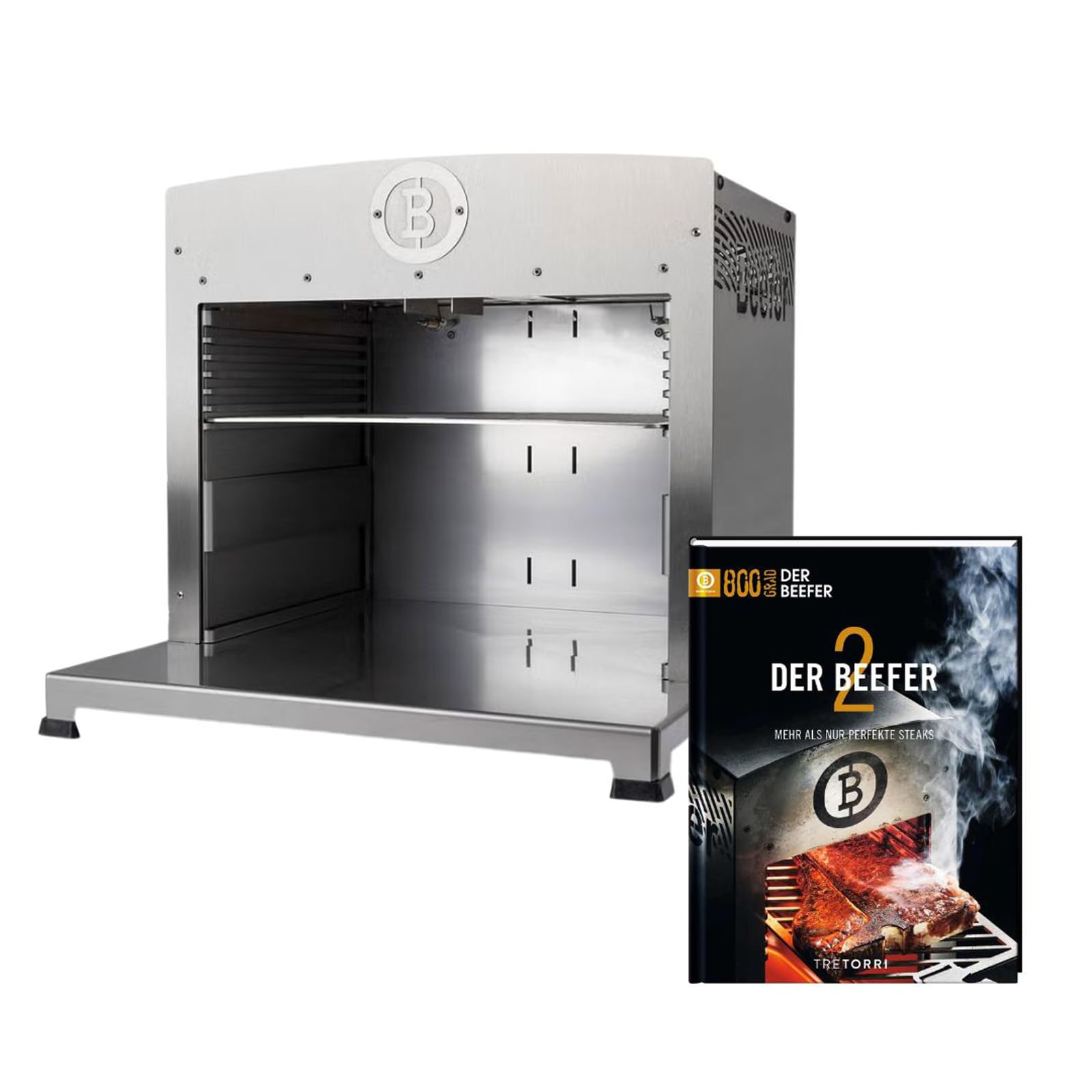 Beefer Twin Pro DE/AT 50 mbar Propan ohne Trennwand 800°C Oberhitzegrill Gasgrill Edelstahl mit Kochbuch "Der Beefer 2" im Set