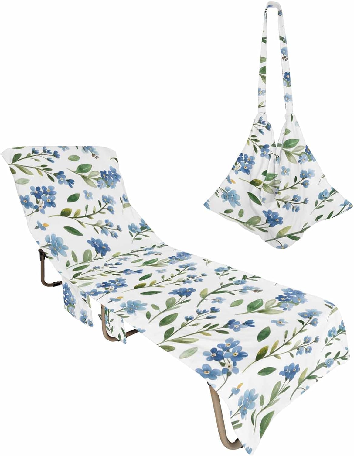 Blue Flower Beach Pool Patio Lounge Chaise Chair Cover Towel With Pockets,Absorbent & Quick Dry Microfiber Towel Cover Bag Summer Accessories Spring Summer Green Leaves Aesthetics Watercolor