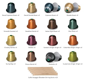 Coffee Pods Variety Pack for Starbucks Gift Pack Compatible with Nespresso Original 32 Count Capsules Bundle with Caffe Assaggio Wood Stirrers 10 Count and Tasting Notes Gift Basket Discovery Sampler Pack Blonde Roast Pike Place Espresso Roast House Blend Decaf Espresso Decaf Blonde Roast Italian Roast Breakfast Blend Caramel Vanilla Verona Ristretto Sunny Day Sumatra Colombia Guatemala