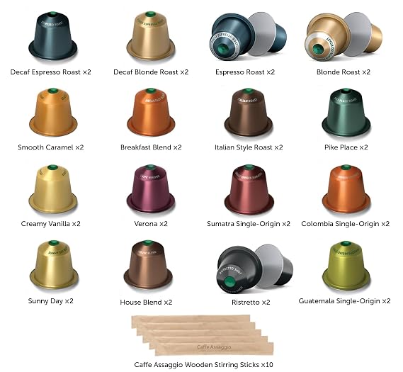 Coffee Pods Variety Pack for Starbucks Gift Pack Compatible with Nespresso Original 32 Count Capsules Bundle with Caffe Assaggio Wood Stirrers 10 Count and Tasting Notes Gift Basket Discovery Sampler Pack Blonde Roast Pike Place Espresso Roast House Blend Decaf Espresso Decaf Blonde Roast Italian Roast Breakfast Blend Caramel Vanilla Verona Ristretto Sunny Day Sumatra Colombia Guatemala