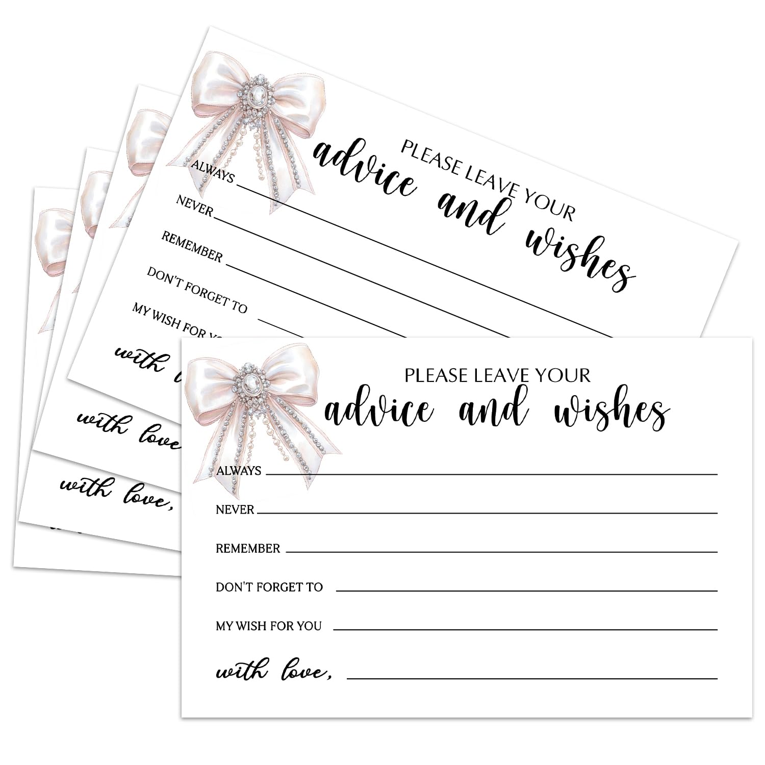 25 Advice and Wishes Cards, White Bow Fill-In Advice Cards for Bridal Shower Wedding Birthday Party Baby Shower Graduation Party, Well Wishes Card for