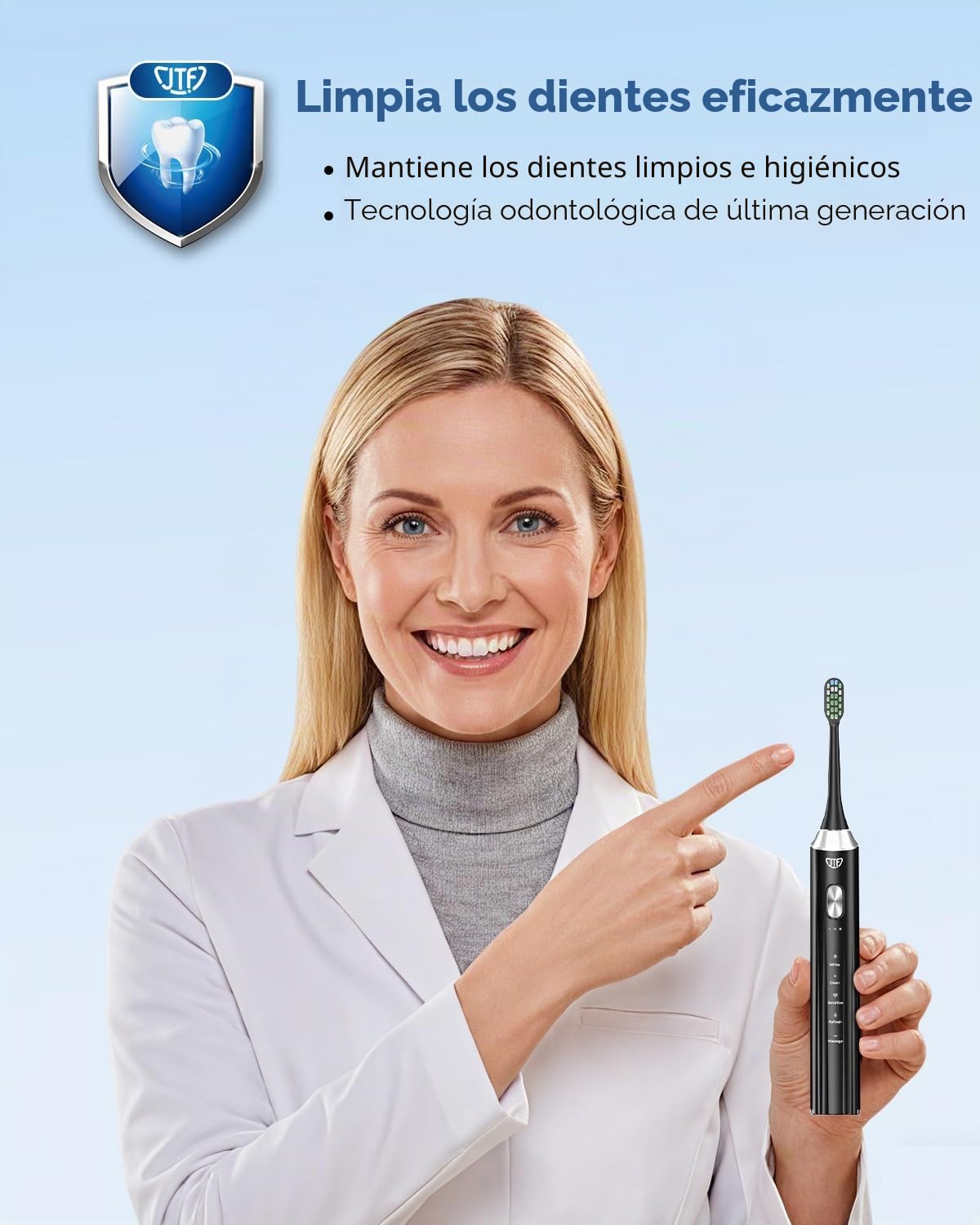 JTF Cepillo de Dientes Eléctrico Sónico con Limpieza y Secado UV, Estación de Carga Inalámbrica, 5 Modos de Limpieza, 6 Cabezales de Repuesto, Vaso Incluido y Resistente al Agua IPX7 (Negro)