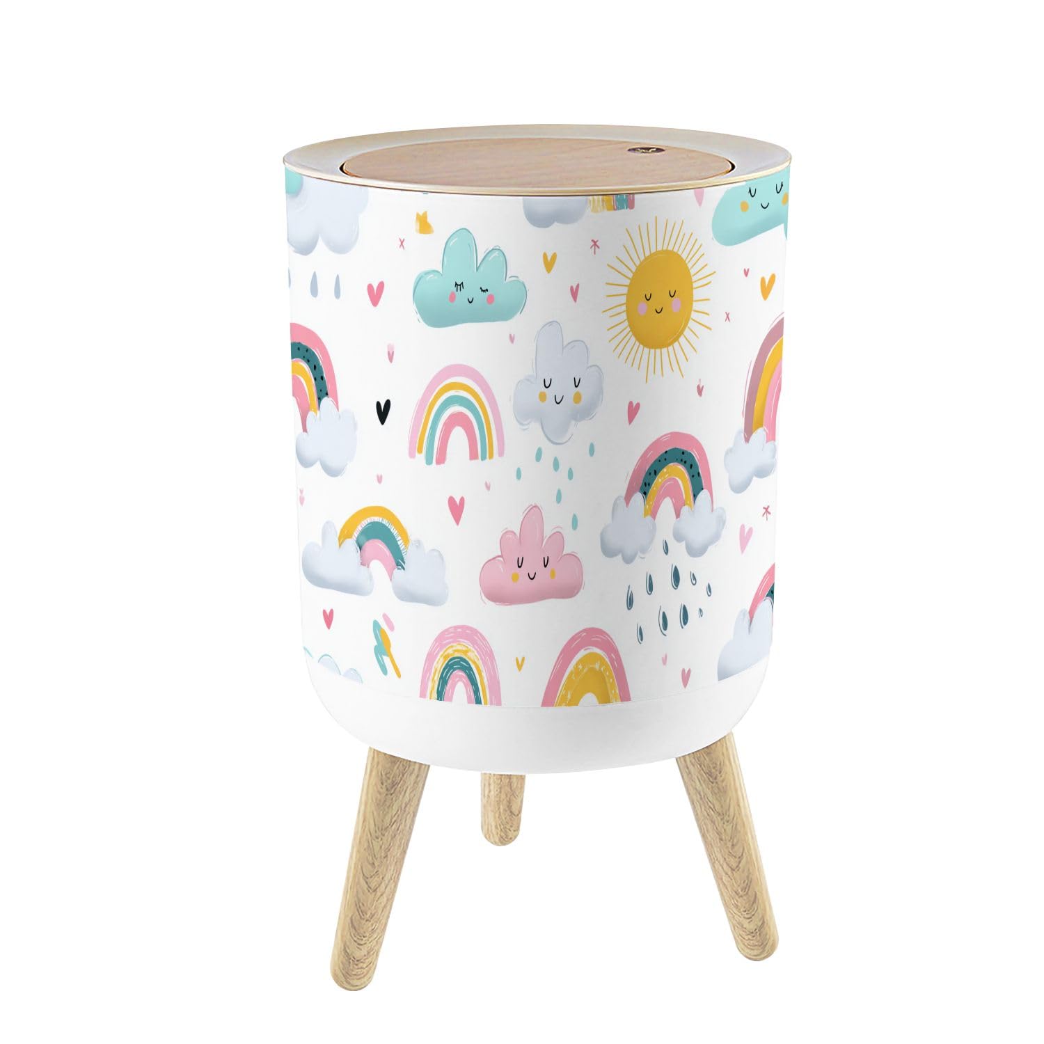 Small Trash Can with Lid Nursery Drawn Rainbows Sun Funny Clouds 1.8 Gallon/7L Garbage Can Waste Bin with Press Top Lid Legs Waste Basket for Bathroom Kitchen Bedroom