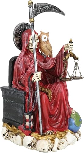 Miniatura 6 de Ebros Gift Santa Muerte Sosteniendo Guadaña Reloj de arena y escalas de justicia con búho sabio sentado en el trono Estatuilla Hueso de la Muerte