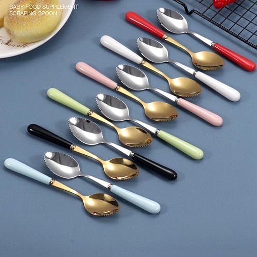 Miniatura 7 de Cucharas de pomelo, cuchara dentada de acero inoxidable con mango de cerámica multicolor para cocina (plata, blanco)