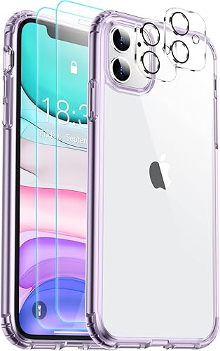 SPIDERCASE Funda para iPhone 11, transparente, no amarillea, con 2 protectores de pantalla de vidrio templado y 2 protectores de lente de cámara