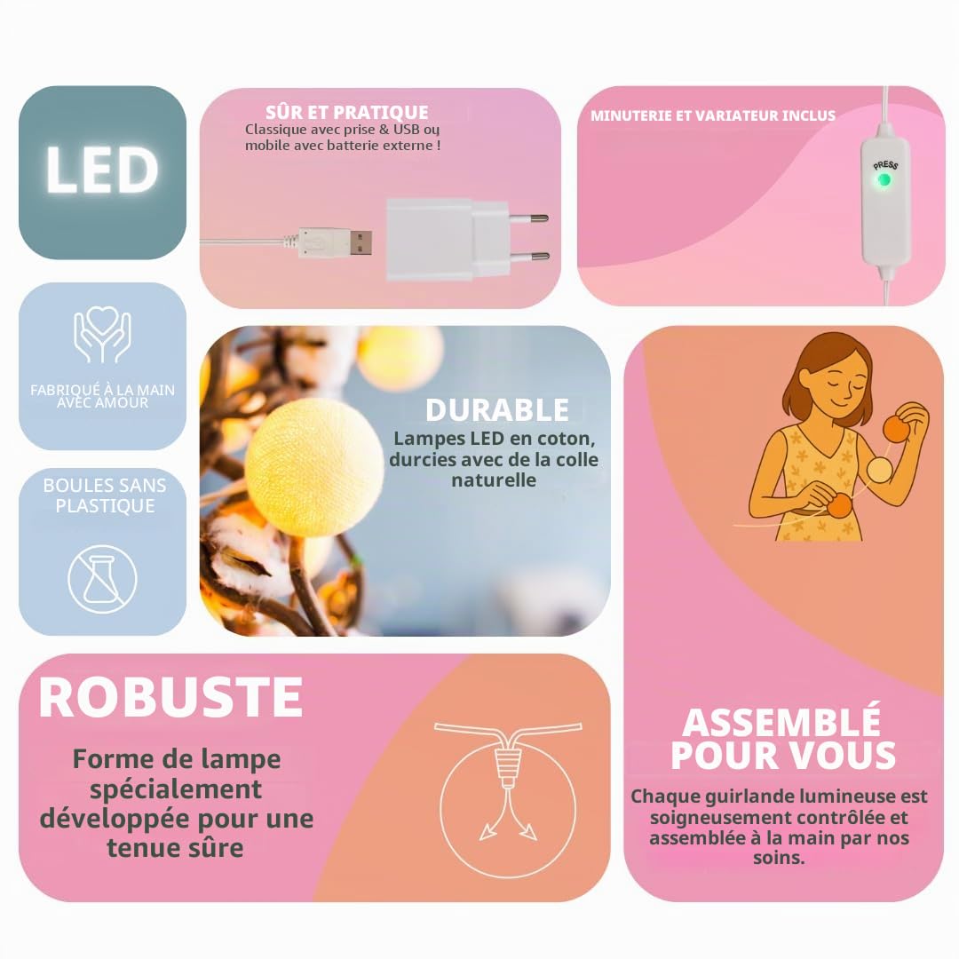 CREATIVECOTTON Guirlande Lumineuse, Boules de Coton avec Mode Timer et Mode Veilleuse (Cappuccino, 20 boules)