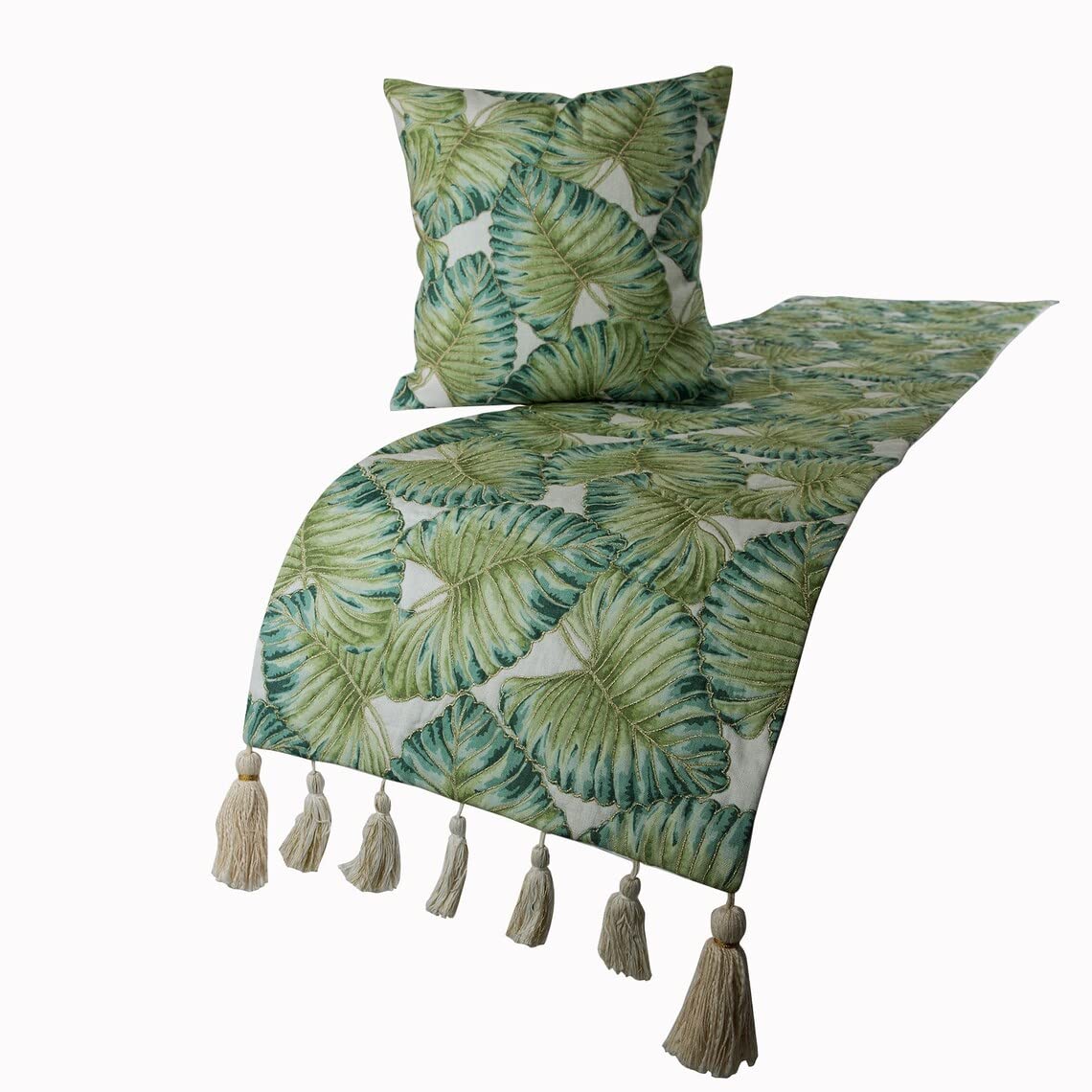 Decorative Designer Handmade Bed Runner with 2 Decorative Throw Cushion Cover, 170 x 45 cm Designer Full Size Bed Scarf in Printed Linen & Embroidery Bed Linen Foot Warmer - Tropical Feeling