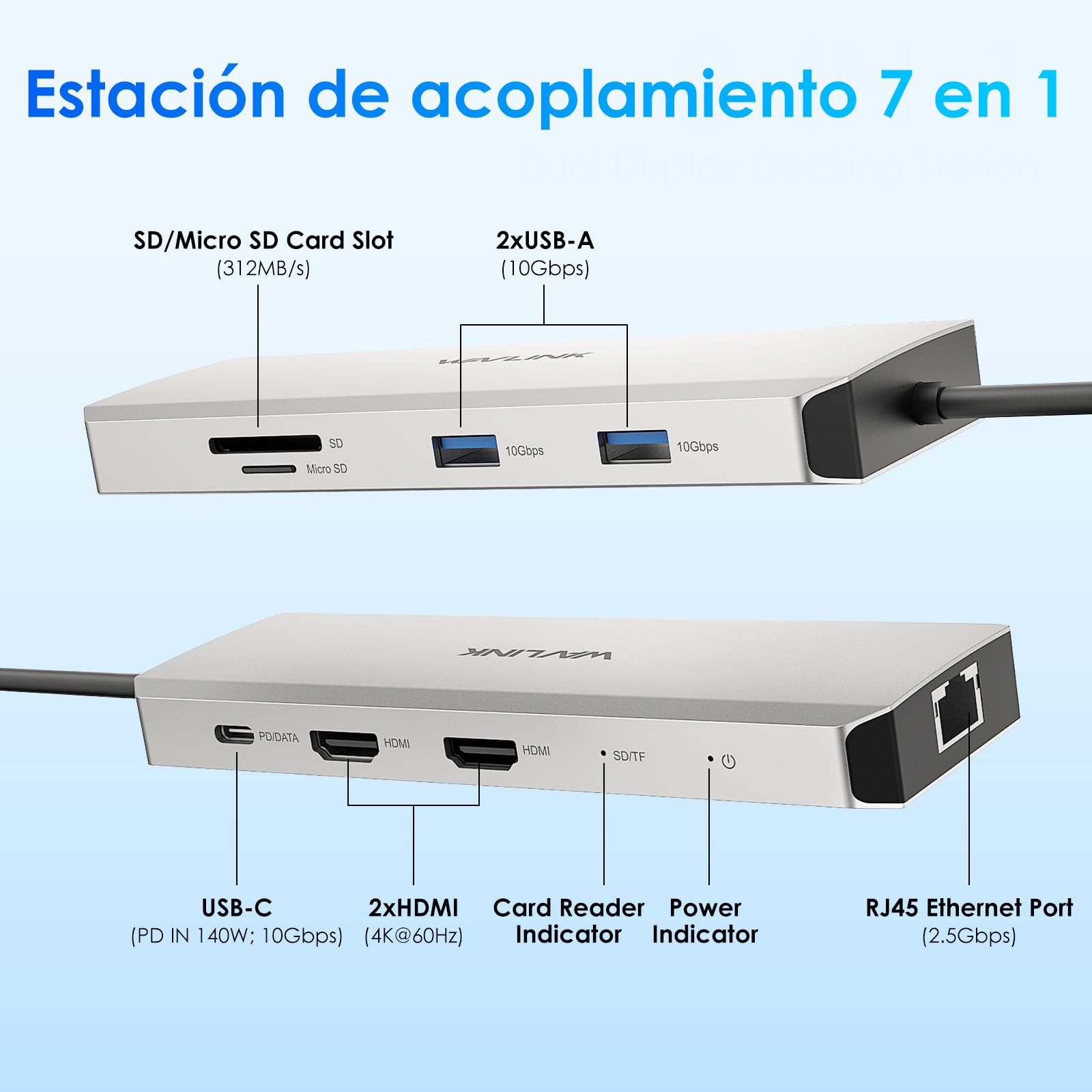 WAVLINK Stacja dokująca do laptopa, stacja dokująca z dwoma portami HDMI | Dual 4K 60Hz, 125 W wejście PD, 2,5 G Ethernet, 2 × USB-A 10 Gbit/s, SD 4.0 312 MB/s, kompatybilny tylko z systemem Windows