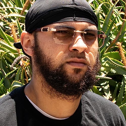 Street Knitted Square Gold Frame Rimless Cool Gray Tan Gradient Tint Unisex Sun Glasses Men's Women's Retro Hip Hop Grey Brown Woodgrain Rectangle Frameless Shades Sunglasses4