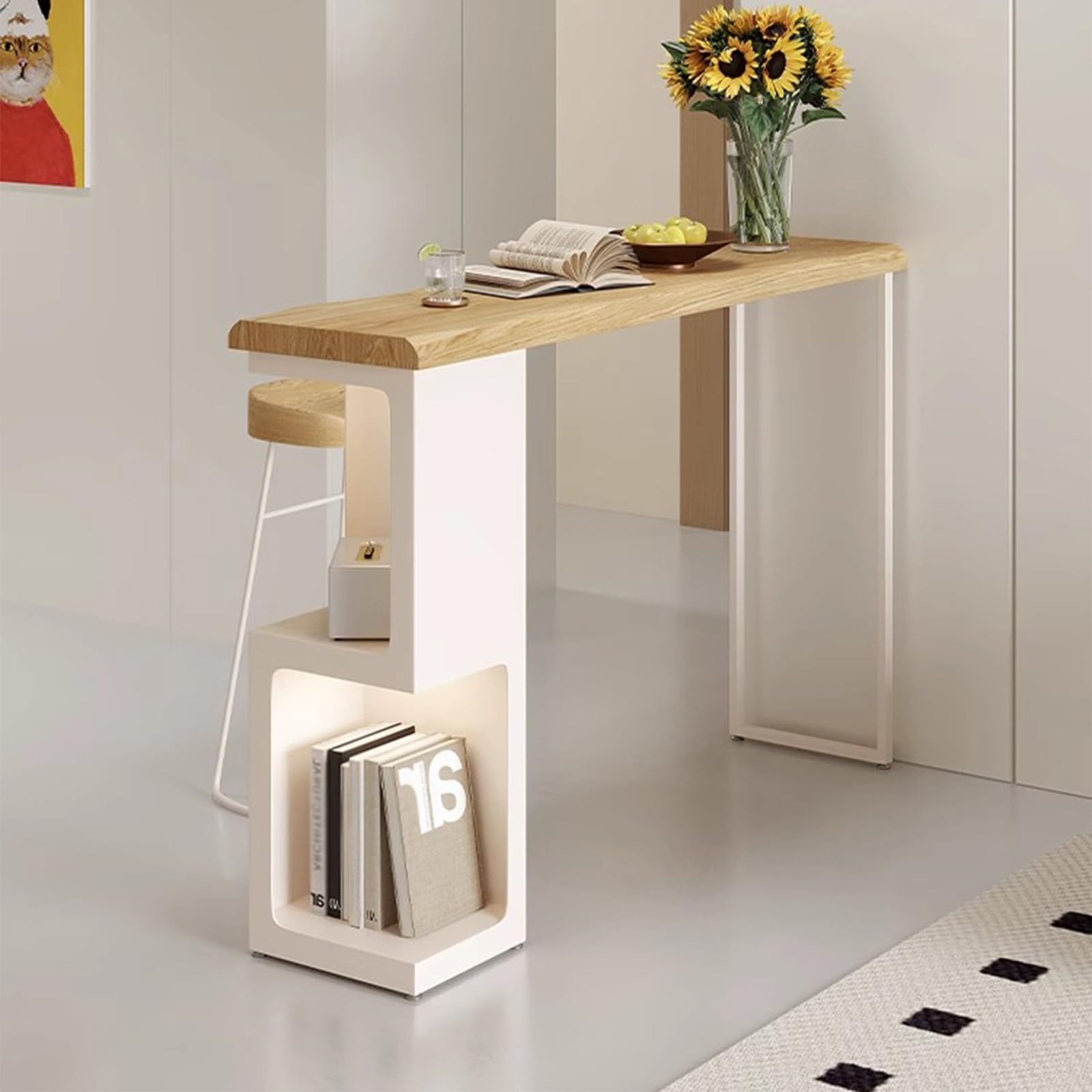 Tavolo da bar, moderno tavolo da pub ad altezza bancone con 2 ripiani portaoggetti, mobile bar rustico in legno, tavolini da divano per cucina, pub domestico, bistrot, ristorante (140x40x105 cm/55,1