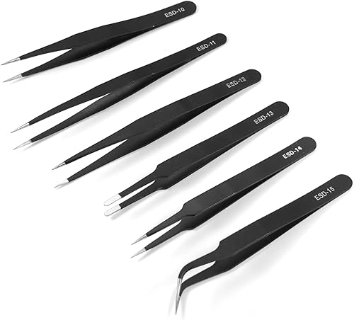 Miniatura 10 de Utoolmart Juego de pinzas de precisión, 6 en 1, de acero inoxidable, antiestáticas, industriales, ESD, para soldadura electrónica, reparación de