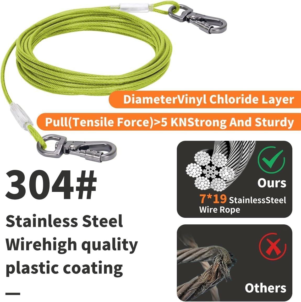 Dog Tie Out Cable - Chew Proof Steel Wire Lead - Tangle Free Chain for Pups - Leash with Interchangeable Handles for Small to Medium Dogs Up to 45lbs, Green, 100ft