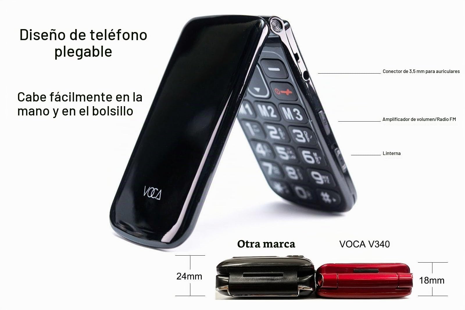 Teléfono plegable VOCA con botones grandes para personas mayores | 4G LTE libre | Volumen alto | Botón SOS | Marcación rápida | Texto predictivo | Base de carga | V340 (Rojo)