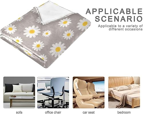 Miniatura 4 de KLL Daisy Flower Illustration White Plush Travel Blankets 60"x90" Flannel Fall Blanket for Home Decor, Bedroom, Bed, Spring Microfiber Microfiber
