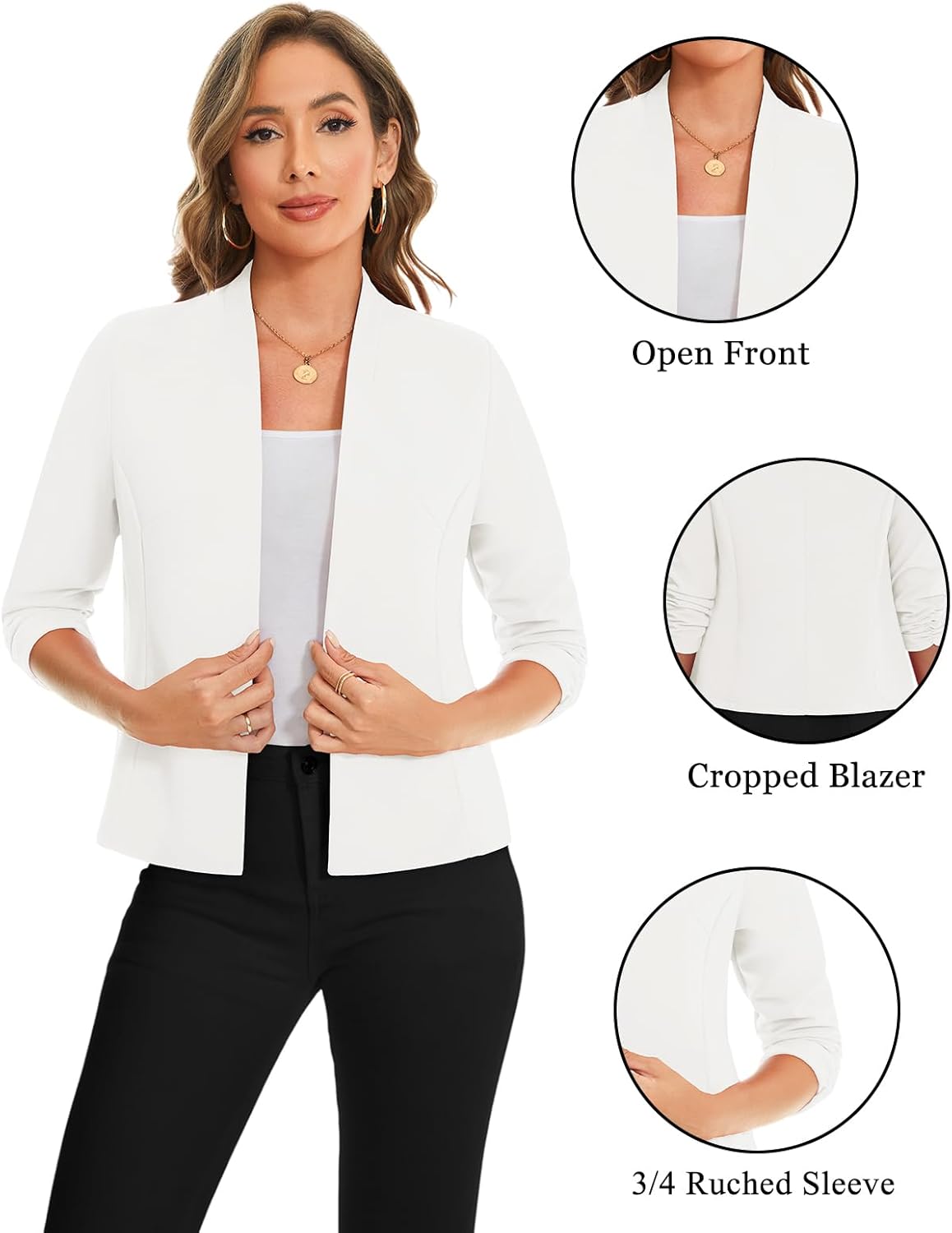MINTLIMIT Women's Collarless Blazer Ruched 3/4 Sleeve Open Front Business Work Office Jacket Blazers - Image 3